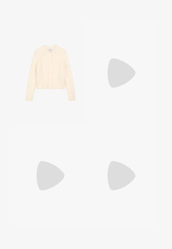 Ivory cropped cardigan made of soft knit fabric, featuring a round neckline, button-up front, and ribbed cuffs and hem.; Black long-sleeve top featuring gathered fabric detail at the front and wrists, made of soft, stretchy material with a boat neckline.; Black wide-leg pants featuring a textured fabric, an elastic waistband, and a detachable sash tie at the waist for adjustable fit.; Black suede knee-high boot with block heel, pointed toe, and smooth, seamless design on a plain light background.