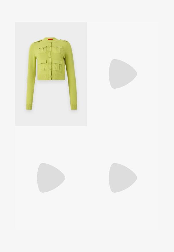 Green knitted cardigan with a round neckline, button closure, and four front pockets. Features ribbed cuffs and hem.; White short-sleeve t-shirt made of ribbed fabric. Round neckline, regular fit, and subtle stitching details. No patterns or graphics.; Knit white midi skirt featuring a textured pattern with vertical lines and cut-out details near the hem. Elastic waistband. Soft material.; Black leather ballet flat with a rounded toe, smooth texture, minimal stitching detail, and a flexible sole design.; Brown leather handbag with a flap closure, gold-tone hardware, a shoulder strap, and a smooth texture. Compact rectangular shape.