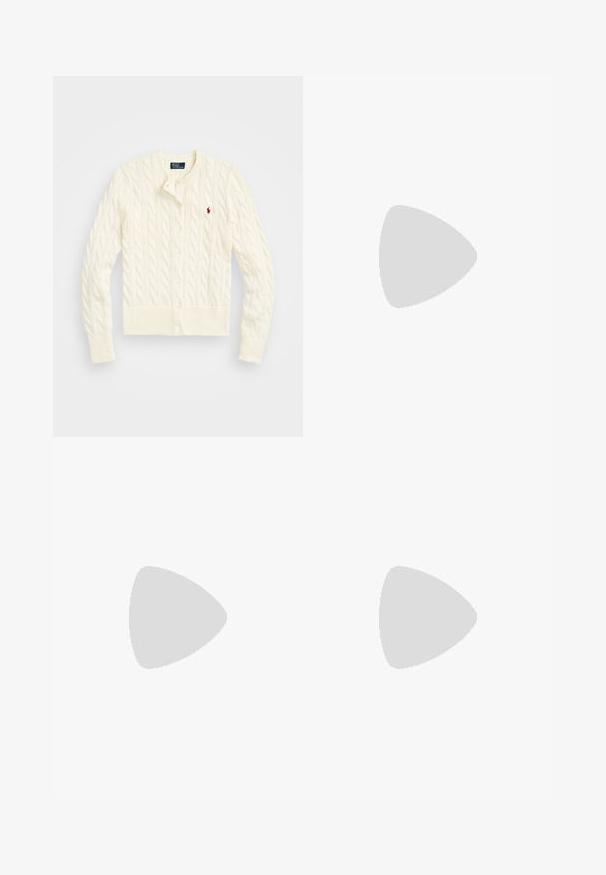 Polo Ralph Lauren CABLE KNIT COTTON CREWNECK CARDIGAN - Adīta jaka - parchment cream; Balta poguota krekla ar norādītu apkakli, garām piedurknēm un nelielu zilu logotipu kreisajā krūtī. Izgatavota no kokvilnas auduma.; Dzeltenas korduroja bikses ar platām kājām, vertikālu ribojumu, priekšējiem kabatām un vienu pogu aizdari.; Polo Ralph Lauren CALFSKIN PENNY LOAFER - Mokasīni - black