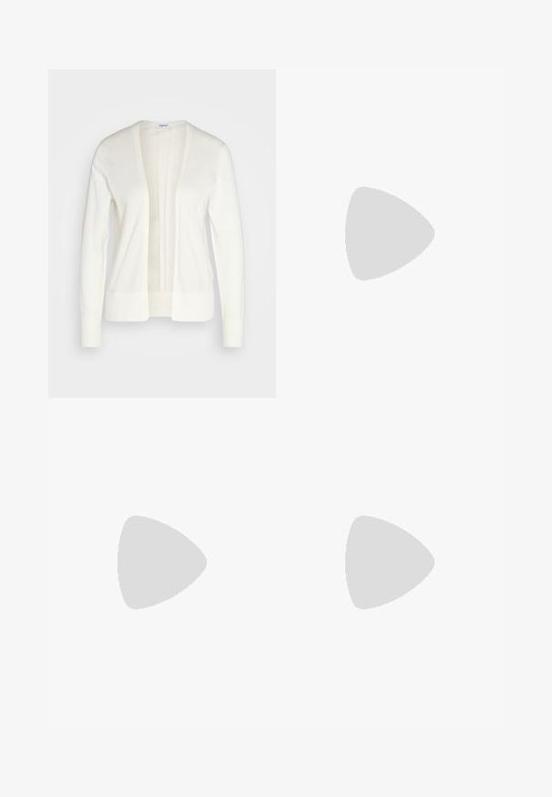 Esprit FRONT OPEN - Gilet - off white; Haut ajusté à manches longues, de couleur blanc cassé, avec une texture drapée ; présente un col rond et un détail à une seule épaule pour ajouter de l'intérêt au design.; Pantalons évasés en crochet marron avec un motif en dentelle, présentant une finition texturée et des ouvertures larges, conçus pour un ajustement loose.; Sandale à talons hauts blanche avec une base de orteil plate, devant texturé avec des accents froncés et une fine bride à la cheville.; Sac à main rembourré couleur crème avec une poignée incurvée et une fermeture éclair. Présente une texture lisse et une forme ronde pour un look contemporain.