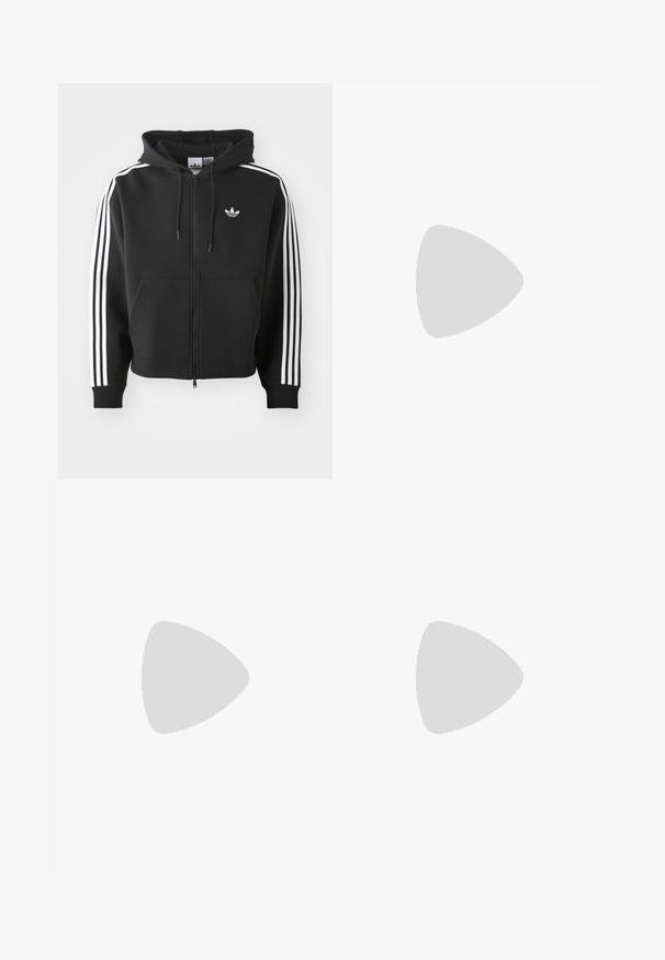 Sweatshirt preto com fecho éclair, feito de uma mistura de algodão, apresentando um bolso frontal, capuz com cordão e detalhes em branco com três riscas nas mangas.; T-shirt preto feito de tecido liso com decote redondo, apresentando três riscas verdes nos ombros e um pequeno logo verde no peito.; Calças atléticas pretas com um cós elástico, apresentando riscas brancas laterais e um pequeno logótipo. O material parece macio e leve.; Tenis em camurça preta com detalhes amarelos, apresentando três riscas e uma sola de borracha castanha. Inclui uma língua acolchoada para maior conforto.