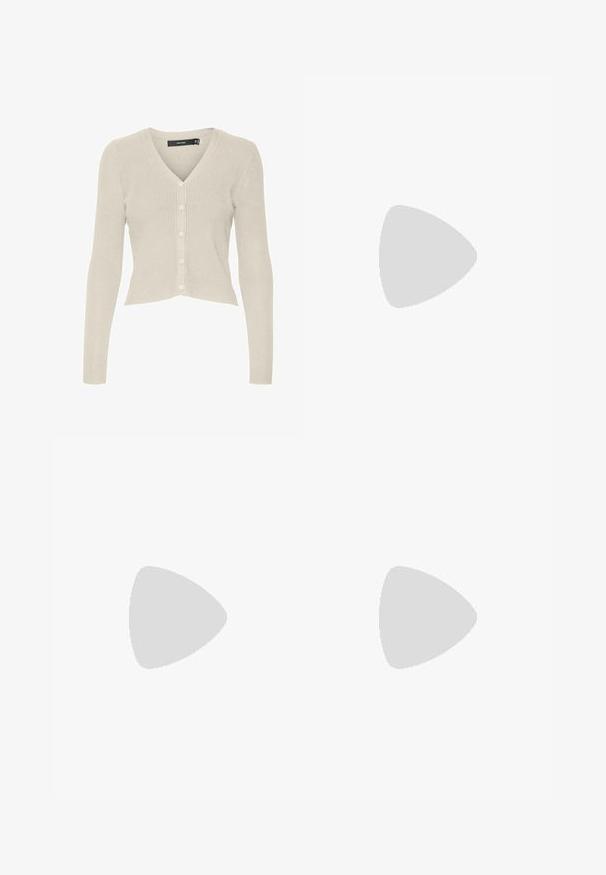 Beige, rippad cardigan med V-öppning och sex knappar. Har långa ärmar och en kortad fåll. Slät textur, lättviktig tyg.; Tre långärmade tröjor staplade: svart, grå och vit. Var och en har en rund halsringning och en kort design med mjukt, lätt material.; Svarta utsvängda byxor i stretchigt material, med hög midja och utsvängda ben med sidoflikar för ökad rörelsefrihet.; Grå mocka sneakers med vita snören, svarta ränder och en vit gummisula. Har en rund logo på tungan och en gummisula.