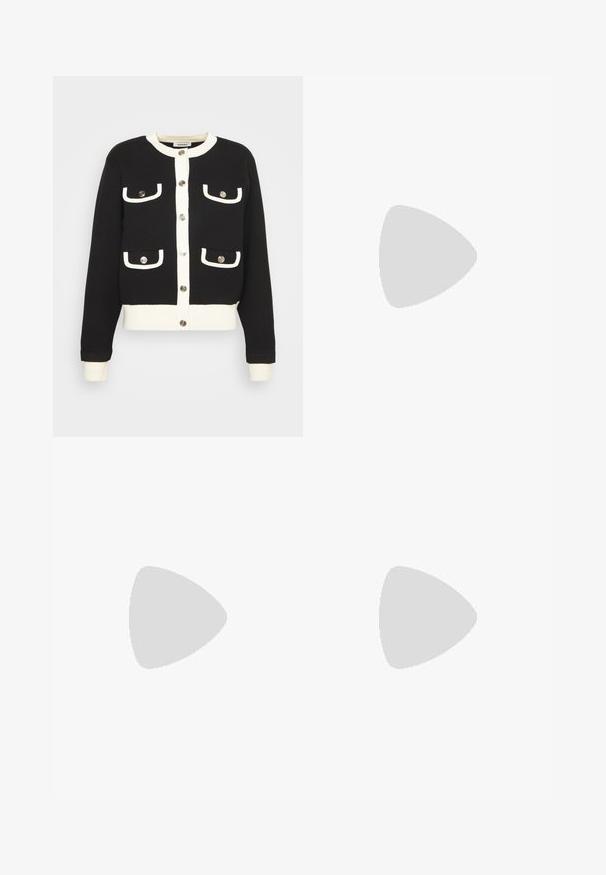 sandro MURCIE - Cardigan - noir; Hvit bomulls T-skjorte med kort erme, rund hals, tettsittende design og glatt tekstur. Logomerke ved halsen.; Svart vide bukser med en glatt finish, flat front, beltehemper og en enkelt knapplukking i midjen.; Svarte flate sandaler med flere stropper, med gullhardware og en jevn tekstur. Lavprofil-design med polstret såle.