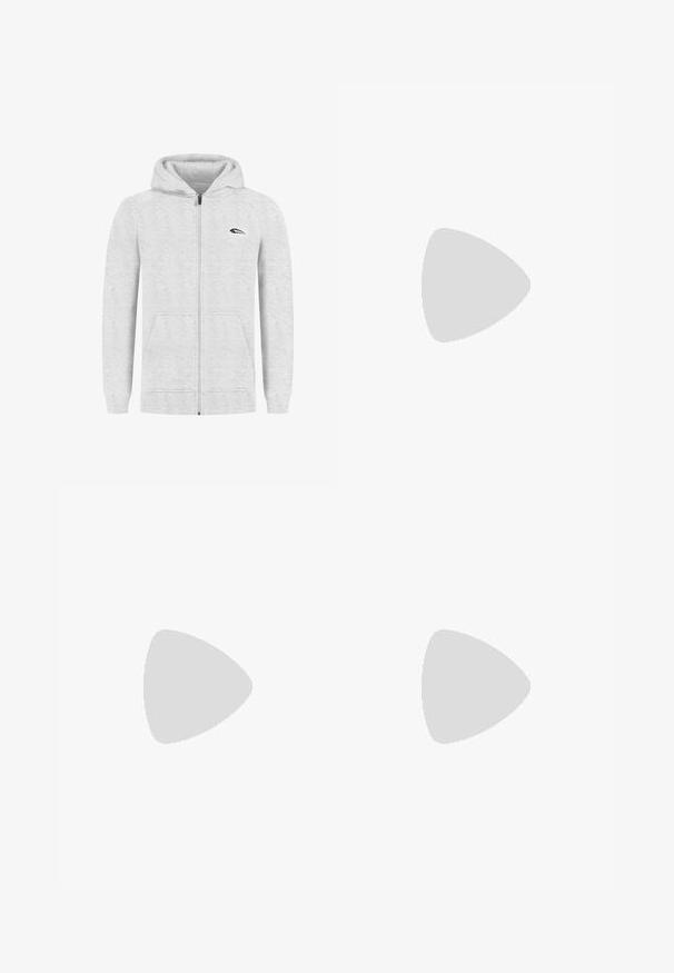 Lichtgrijze zip-up hoodie met een trekkoord capuchon, twee voorzakken en een zwart logo op de linkerborst. Zachte stof met geribde manchetten.; Witte katoenen t-shirt met korte mouwen, ronde hals, relaxte pasvorm en zonder zichtbare logo's of patronen. Gladde textuur en minimalistisch ontwerp.; Hoge taille, losvallende jeans van vervaagd zwart denim. Beschikt over vijf zakken, riemlussen en een schone, rechte broekspijp ontwerp.; Grijze en witte sneaker met een bovenwerk van suede en leer, ronde neus, platte veters en een rubberen zool met een gumaccent.