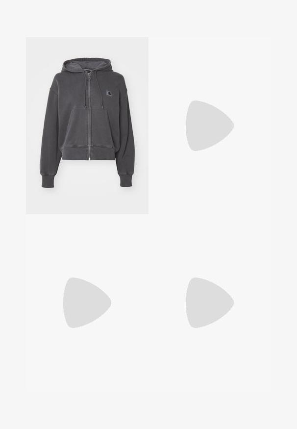 Carhartt WIP HOODED NELSON JACKET - Zip-up sweatshirt - graphite; Three sleeveless shirts in blue, black, and white. The fabric is ribbed with a round neckline. Each shirt has a tag labeled “even&odd.”; Black wide-leg pants with an elastic waistband and a small white Nike logo. Fabric has a smooth texture, designed for comfort and casual wear.; Black Nike sports shoes feature a mesh upper with shiny accents, black laces, and a textured sole. Paired with white ribbed socks.