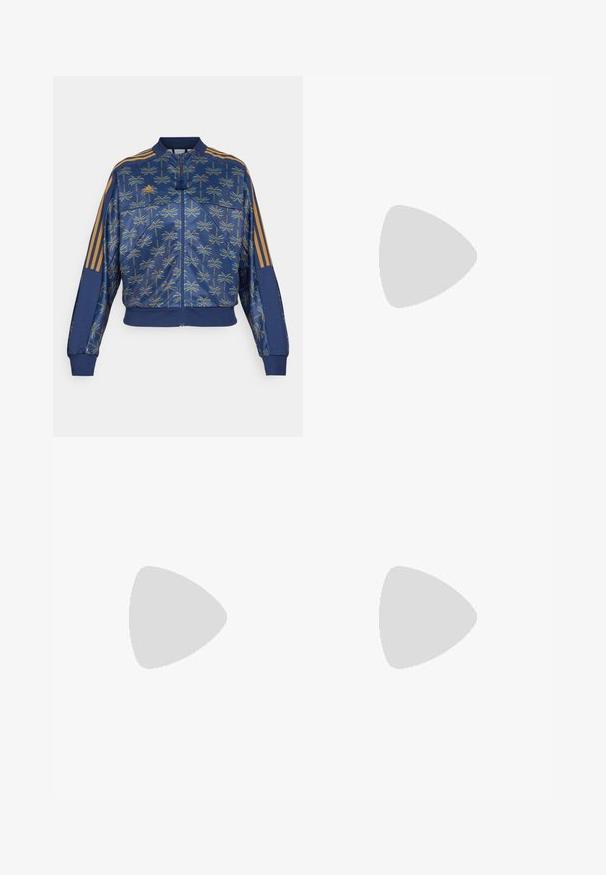 adidas Sportswear ADIDAS FARM RIO TIRO TRACK - Sweater met rits - bronze strata/dark marine/night indigo; Witte sportieve tanktop van lichtgewicht stof met een racerback ontwerp en een klein zwart logo op de borst.; Marineblauwe sportbroeken van zachte stof, met witte zijkanten, elastische tailleband met verstelbaar koord en elastische manchetten.; Witte sportieve schoen met een bovenwerk van mesh, drie zwarte strepen aan de zijkant, gestructureerde accenten en een stevige rubberen zool met een contrasterend zwart gedeelte.