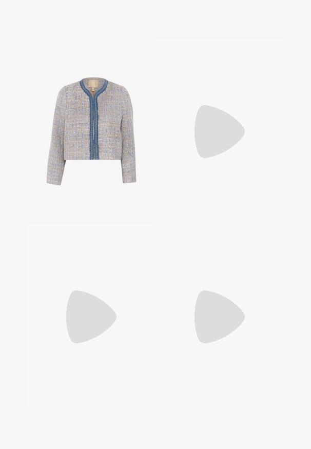 Tweed jacket in light beige and blue with a textured pattern, round neckline, front closure, and blue trim with decorative accents.; White fitted top made of ribbed fabric with cap sleeves and gathered details at the sides for texture and shape.; White wide-leg trousers made from a lightweight fabric. Features an elastic waistband with a drawstring and side pockets. Smooth texture.; Light pink suede sneakers with white stripes and laces, featuring a textured tongue and a gum sole, placed on a blue carpet.