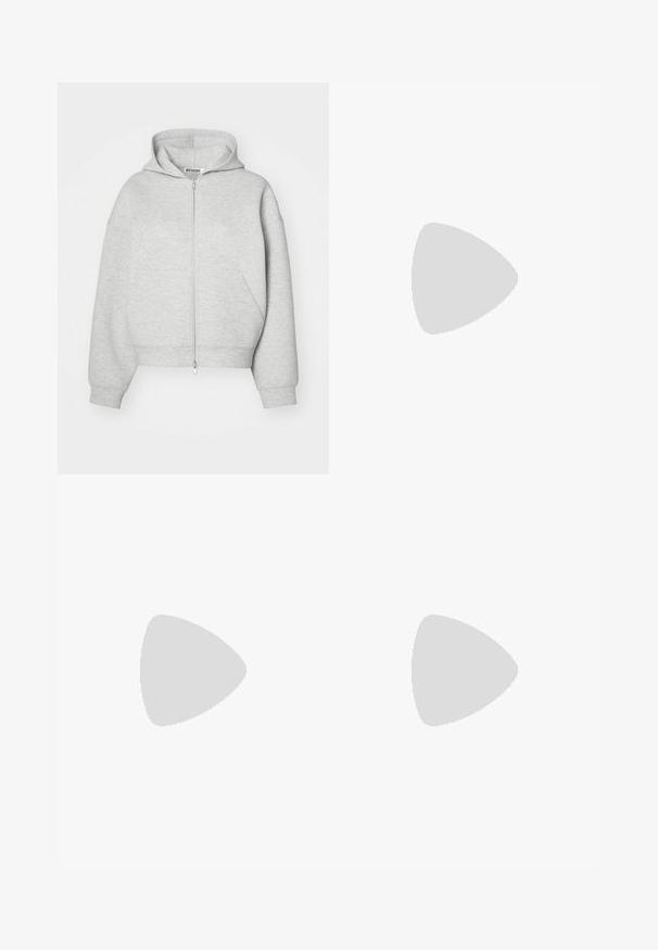 Light gray zip-up hoodie made of soft fabric, featuring a hood, drop shoulders, and a cropped silhouette with a front pocket.; Stradivarius Top - bordeaux; Red and white striped wide-leg pants made from a textured knit fabric. Features a high waist and a smooth waistband.; Brown suede high-heeled sandal with an open toe, adjustable ankle strap, and a striped platform sole.; Metallic silver bag with rounded rectangular shape; features multiple circular grommets and a cut-out handle. Smooth texture, minimalist design.