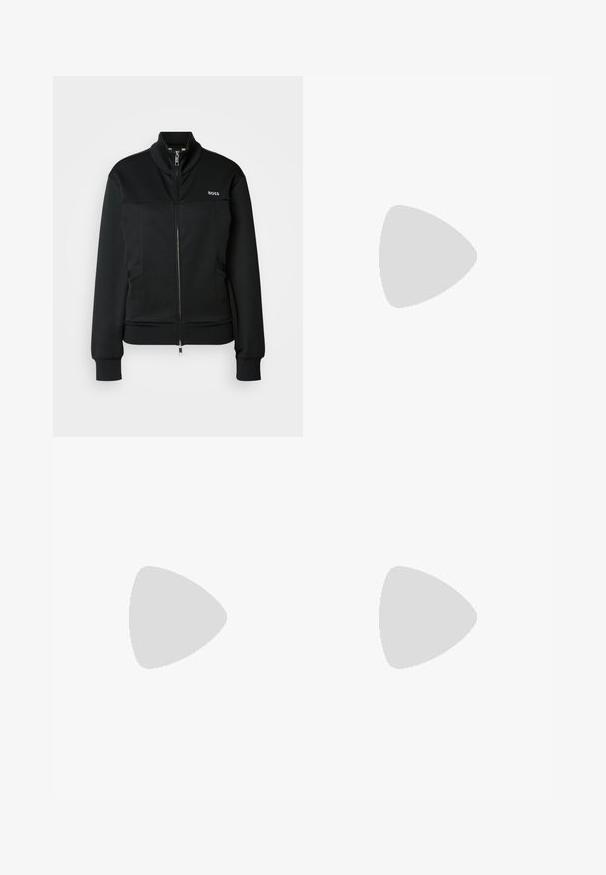Black jacket with high collar, zip front, and two side pockets. Smooth fabric with ribbed cuffs and subtle logo detail on chest.; Black short-sleeve t-shirt made of cotton. Features a white graphic with the text "KARL" and a stylized figure on the chest. Round neckline.; Black sweatpants with a relaxed fit, elastic waistband, adjustable drawstring, and vertical seams along the legs. Soft fabric texture.; Black platform sneakers featuring a smooth leather upper, flat laces, and embroidered "Karl" logo on the side. Rounded toe and thick sole.