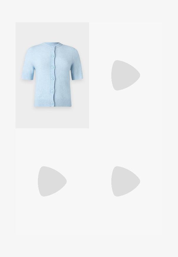 Light blue short-sleeved cardigan made of soft material, featuring a round neckline and six matching buttons along the front.; Long-sleeve turtleneck top in a light beige color. Made of soft, stretchy fabric with a relaxed fit and a fold-over neckline.; Wide-leg dark blue denim jeans with a high waist, featuring a drawstring tie, five pockets, and contrasting stitching details.; Beige patent leather slingback heels with a pointed toe and 5 cm heel, featuring cut-out sides and a thin ankle strap.; Tortoiseshell sunglasses with elongated oval lenses, brown tint, gold logo accents on temples, and sleek black arms.
