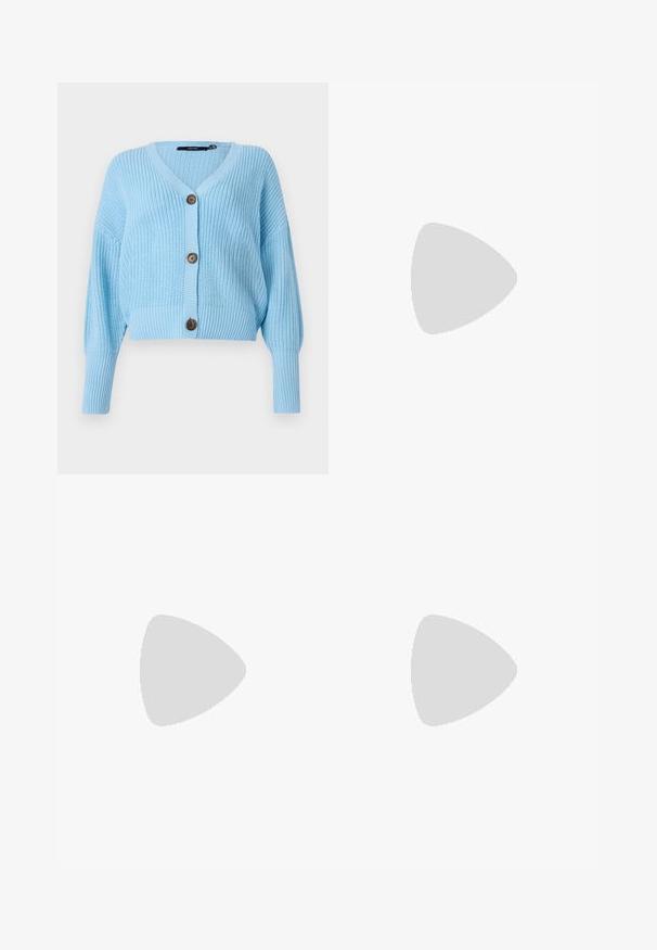 Light blue cropped cardigan made of ribbed knit fabric, featuring a v-neck, long sleeves, and three brown buttons down the front.; White cotton t-shirt with short puff sleeves, featuring small silver embellishments along the sleeves. Classic round neckline, relaxed fit.; Wide-leg denim trousers featuring a light to dark blue gradient, high waist, belt loops, and a matching fabric belt. Textured denim finish.; Light blue canvas sneakers with a cream rubber toe cap and outsole, featuring white laces and a pull tab on the heel.