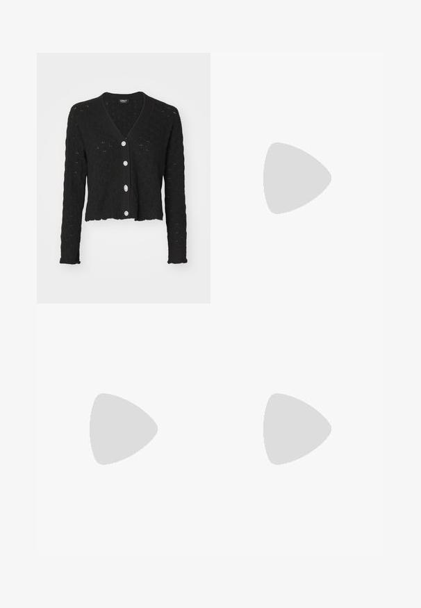 ONLY ONLLIANA LIFE V NECK CARDIGAN  - Cardigan - black; Abito midi verde khaki realizzato in un tessuto morbido ed elastico. Presenta sottili spalline, una parte superiore aderente e una cintura in tessuto in vita.; Stivali da cowboy in pelle marrone con punta affusolata e tacco a blocco, caratterizzati da dettagliati ricami e accenti rialzati sul gambale.; Orecchini a cerchio in oro con una finitura liscia e lucida. Design circolare con un piccolo perno e una chiusura trasparente per un indosso sicuro.