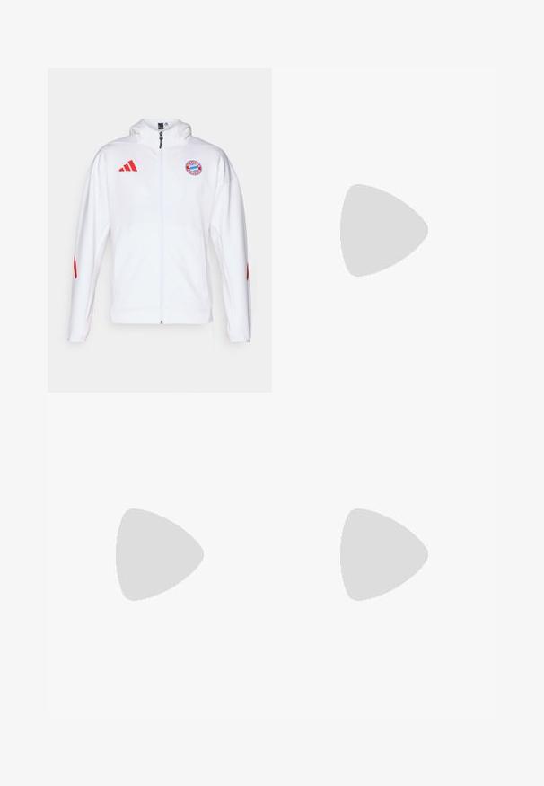 Biela zipsová bunda s červenými akcentmi, s vyšitým logom na hrudi a logom Adidas s tromi pruhmi na pleciach.; Červené bavlnené tričko s bielym logom s tromi pruhmi a textom "BAYERN MÜNCHEN" v modrej farbe. Okrúhly výstrih a krátke rukávy, jednoduchý dizajn.; Čierne športové nohavice s elastickým pásom, bielymi bočnými pruhmi a malým bielym logom na stehne. Vyrobené z hladkého, ľahkého materiálu.; Čierne športové topánky s textúrovaným sieťovinovým zvrškom, bielymi akcentovými pruhmi, polstrovanou podrážkou a spevneným pätou pre podporu.