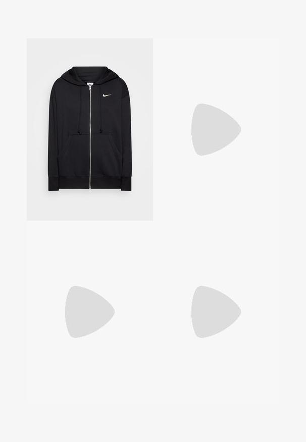 Sort zip-hoodie lavet af blødt stof, med hætte, frontlommer, ribbede manchetter og et lille hvidt Nike-logo på brystet.; Hvid bomulds t-shirt med klassisk rund hals, korte ærmer og tætsiddende pasform. Ingen mønstre eller accenter synlige.; Grå sweatpants med elastisk talje, snor detaljer og et lille hvidt Nike-logo på venstre lår. Blødt stof, løs pasform.; Hvide lædersneakers med grå detaljer, perforeret tå, flade snørebånd, polstret krave og en struktureret gummisål.