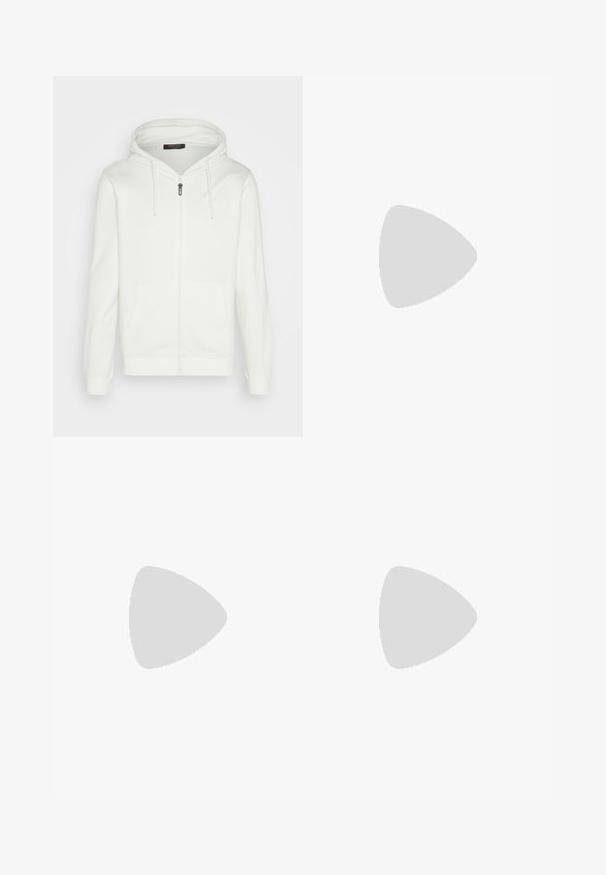 Sweatshirt zippé blanc en tissu doux, avec une capuche à cordon de serrage, deux poches avant et un petit logo sur la poitrine.; Trois t-shirts sans manches en gris, blanc et noir. Tissu en coton doux avec un col rond et une coupe décontractée. Design simple, sans motifs.; Shorts cargo beige en coton, dotés de plusieurs poches latérales, d'une fermeture à bouton à la taille, et d'un design à coupe droite.; Baskets avec une tige en cuir blanc, un bout en daim gris et trois bandes noires. Présente un logo bleu sur la languette et une semelle en caoutchouc texturée.