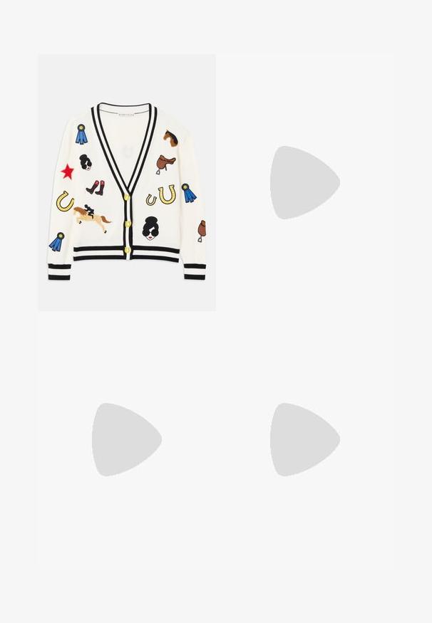 White cardigan with black trim, featuring colorful embroidered designs of horses, awards, and figures. Design includes boots, stars, and horseshoes.; Cotton short-sleeve T-shirt with a crew neckline, featuring black vertical stripes on a white background and a straight cut design.; Light blue denim jeans with a wide-leg design, five pockets, belt loops, and a button closure. The fabric has a smooth texture.; Paul Smith TOPANGA - Ballet pumps - black