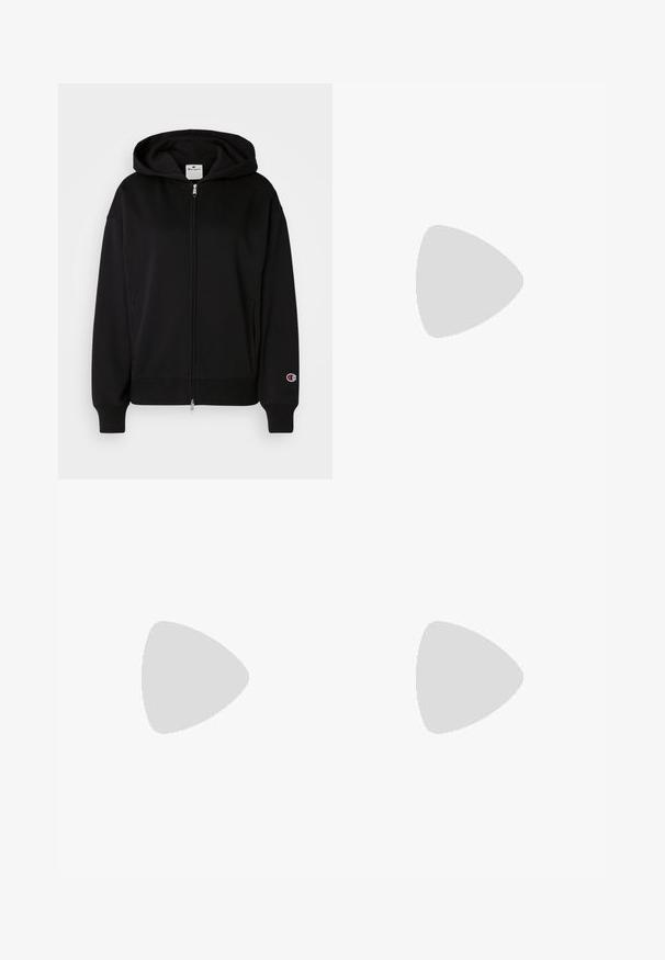 Champion ICONS FULL ZIP HOODIE LOGO - Majica s kapuljačom i patentnim zatvaračem - black; Treniranje majica kratkih rukava svijetlosive boje, s okruglim izrezom i malim bijelim logom na gornjem lijevom dijelu prsnog koša. Mekana tekstura.; Crne sportske tajice napravljene od rastezljivog materijala, sa visokim pojasom, bočnim džepovima i uskim manžetama na gležnjevima.; Crne atletske cipele s teksturiranim materijalom, bijelim potplatima i crnim vezicama. Nosene s bijelim rebrastim čarapama, stojeći na svijetloj površini.