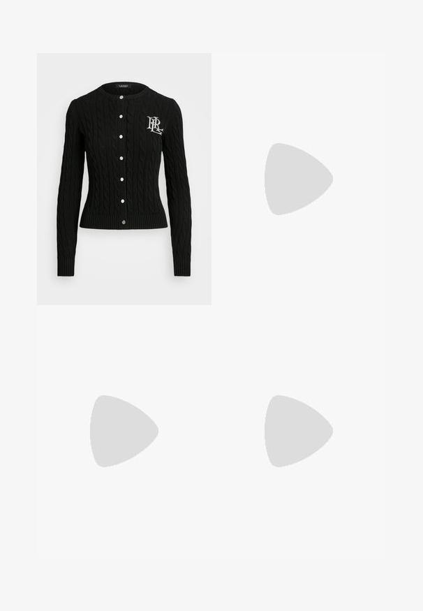 Cardigan noir en tricot torsadé avec un col rond, des boutons sur le devant, un ourlet et des poignets côtelés, présentant un détail de logo brodé sur la poitrine gauche.; Pull sans manches blanc en coton lisse, avec un ourlet côtelé et un petit logo bleu marine en bas à gauche. Design simple, sans motifs.; Pantalons blancs ajustés au taille haute, avec de doubles plis devant et des jambes larges à ourlets repliés. Fabriqués en un tissu lisse et texturé.; Baskets en cuir noir et suède avec une semelle en caoutchouc brun clair. Dotées de lacets blancs et de petites perforations sur les côtés. Logo Michael Kors présent.