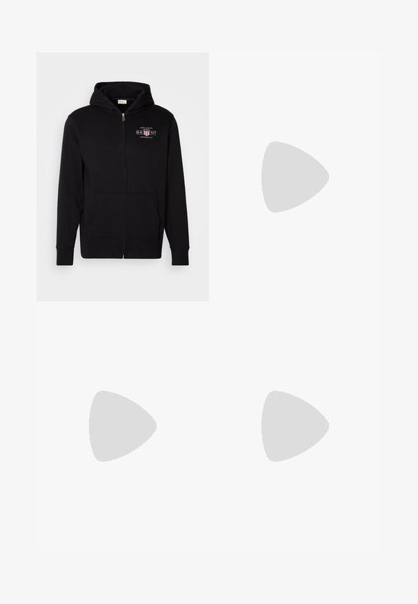 Black zip-up hoodie made of cotton blend, featuring a front pocket, ribbed cuffs, and a logo on the chest with red and white accents.; Black long-sleeve t-shirt made of cotton. Features a crew neck, ribbed cuffs, and a small red embroidered logo on the chest. Smooth texture.; Black pants made of lightweight fabric, featuring an elastic waistband with an integrated green belt, straight-leg cut, and side pockets.; Sneakers with a black suede and white leather upper, featuring a black rubber sole, white laces, and a "POLO SPORT" logo on the side.