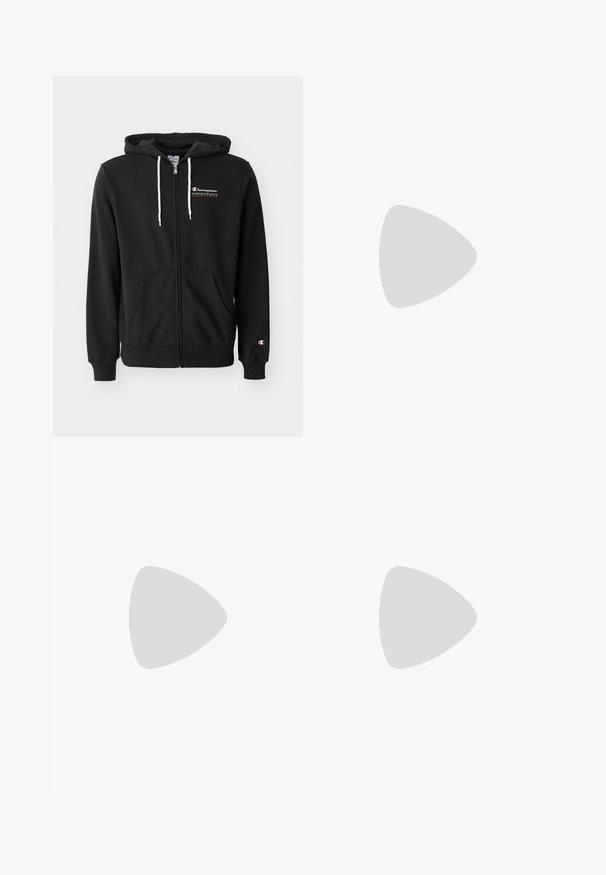 Zwarte zip-up hoodie van een katoenmix, met witte trekkoorden, voorzakken en een klein logo op de borst.; Witte katoenen t-shirt met een ronde hals, korte mouwen en een zwart geborduurd "Champion" logo op de borst en accent op de mouw.; Grijze jersey materiaal shorts met een elastische tailleband en een marineblauw "Champion" logo op de linkeronderkant.; Witte sportschoenen met een glad bovenwerk van synthetisch materiaal, zwarte logoaccenten en geperforeerde details aan de zijkant. Rubberen zool.