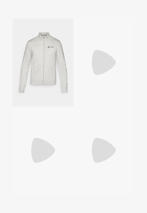 Lys grå lynlåstruet sweatshirt lavet af blødt stof, med høj krave og broderet "Champion" logo på venstre bryst.; To crew-neck t-shirts, en sort og en hvid, lavet af blødt stof. Hver har korte ærmer og et minimalistisk design med et logo på brystet.; Grå sweatpants lavet af blød bomuldsblanding, med elastisk talje, snævre ben og et lille logo i venstre lommeområde.; Hvide atletiske sneakers med en glat syntetisk overdel, sort logoaccent og perforerede detaljer på siden. Gummisål.