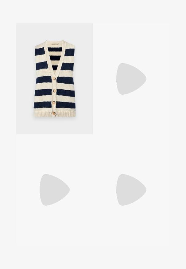 Kootud ilma varrukateta kardigan, millel on tumesinised ja kreemjad horisontaalsed triibud. Omab V-kaela, viit puitnuppu ja soonikkoesääriseid.; Tume sinine lühikese varrukaga t-särk ümmarguse kaelusega, millel on helesinised aktsendid kaeluse ja varrukate ümber. Valmistatud pehmest puuvillast kangast.; Mustad puuvillased püksid, sirge lõikega, pleated esiosaga, vöökonksude ja nööbilukuga. Sile tekstuur ilma mustriteta.; Tumedat sinine seemisnahast madala profiiliga tennis, valge tossutald, tumesinised paelad ning küljes kuldne "Filling Pieces" logo.