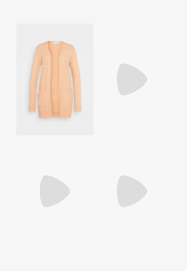VILA VIRIL OPEN CARDIGAN - Vesta na kopčanje - shell coral light melange; Crna ženska majica bez rukava s rebrastim uzorkom i čipkastim obrubom na donjem dijelu. Ima tanke naramenice i prilagođen dizajn. Izrađena od rastezljivog materijala.; Crna, nabrana suknja olovka s detaljem vezanja i bočnim prorezom. Izrađena od rastezljivog materijala, s glatkom teksturom i prilagođenim dizajnom.; Crna visoka potpetica s oštrim vrhom, teksturiranom površinom i živopisnom ružičastom unutrašnjošću. Ima masivnu potpeticu s srebrnim detaljem.