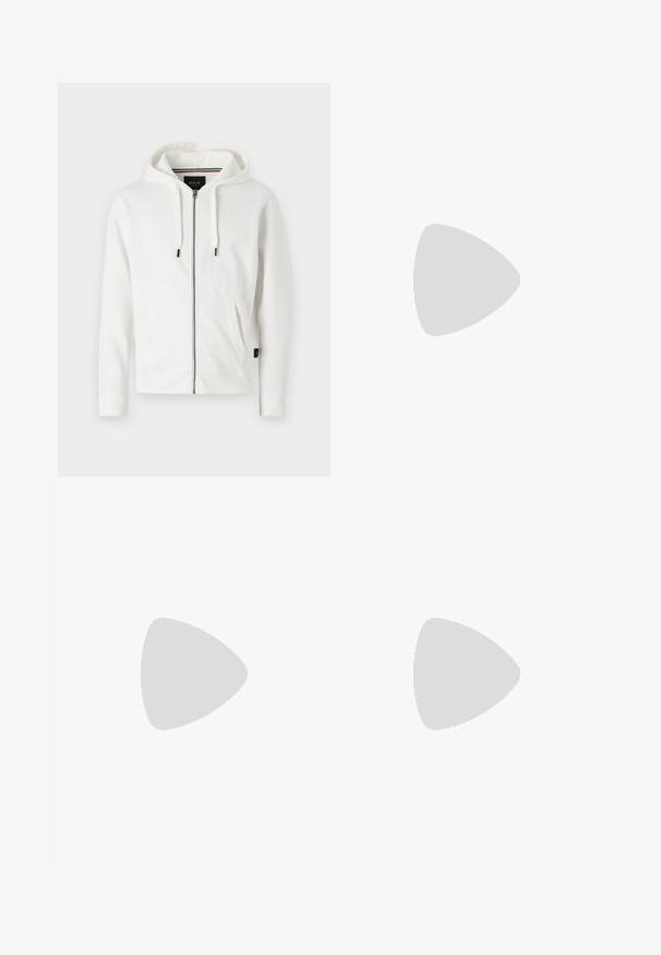 Felpa bianca con zip realizzata in tessuto morbido, dotata di cappuccio con cordino, due tasche frontali e un piccolo logo sul petto.; T-shirt bianca in cotone, maniche corte, collo rotondo. Presenta un logo in testo nero "JACK & JONES" nell'area sinistra del petto. Design semplice e minimale.; Pantaloni cargo bianchi con vestibilità rilassata, chiusura frontale con bottone e molteplici tasche laterali, realizzati in materiale di cotone resistente.; Scarpe sintetiche nere con tomaia testurizzata, dettagli lisci, tacco marrone e suola a contrasto. Presentano una lacerazione minimale e dettagli di cucitura.