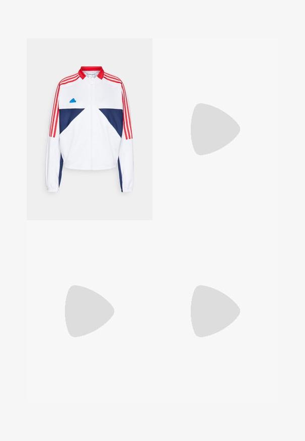 adidas Sportswear TIRO CUT 3-STRIPES TRACK - Jaka ar rāvējslēdzēju - white/better scarlet; Melnā cropped garo piedurkņu treniņu krekls no gludas auduma. Uz krūšu daļas ir balta logo, un uz piedurknēm ir svītru akcenti.; Melnas sporta legingi, izgatavoti no elastīga auduma, ar augstu vidukli un baltu zīmola logo uz kreisā gurnu.; Baltā sporta apavi ar sietu augšdaļu, trīs melnām svītrām sānos, teksturētām akcentiem un izturīgu gumijas zoli ar kontrastējošu melnu daļu.