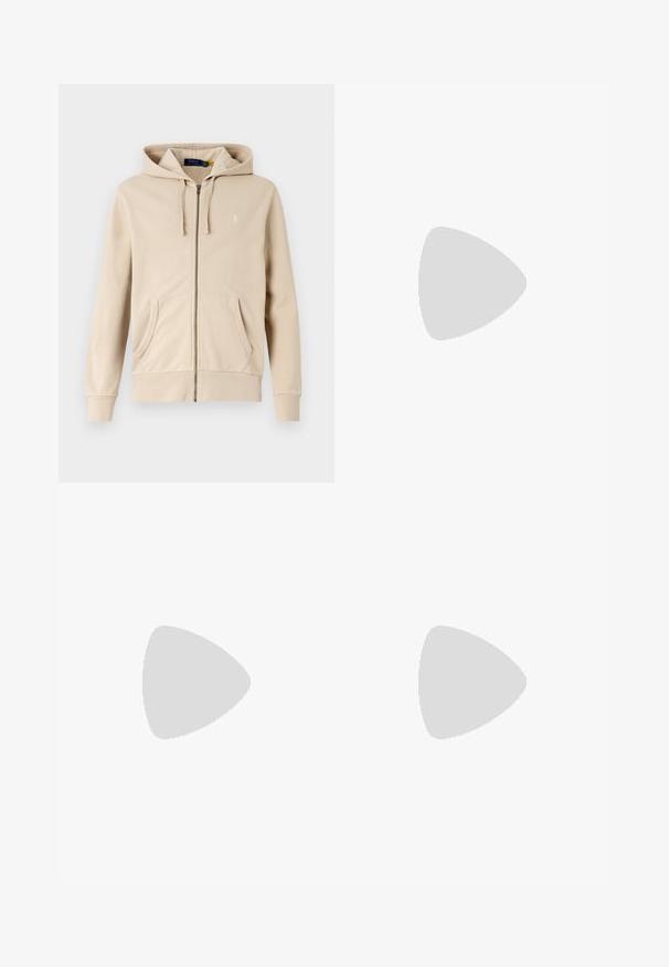 Sweat à capuche beige zippé en tissu doux, avec une capuche à cordon, deux poches avant, des poignets côtelés et un petit logo sur la poitrine.; T-shirt en coton noir à manches courtes, col rond, avec un logo blanc sur la poitrine gauche arborant le texte "Polo Ralph Lauren".; Shorts en coton beige avec taille élastique et cordon de serrage. Comprend des poches latérales et un petit logo blanc sur la cuisse gauche.; Baskets en cuir blanc avec une texture lisse, une forme arrondie, une semelle en caoutchouc plate et des lacets blancs. Présente un design minimaliste et une marque discrète.
