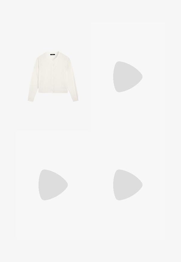 Vit långärmad cardigan med rund halsringning och åtta knappar framtill, tillverkad av ett mjukt, lättviktigt tyg.; Vit kortärmad t-shirt i mjukt tyg, med rund halsringning och diskreta sömnadsdetaljer vid fållen.; Ljust rosa ribbade leggings med bred midjeband, prydda med ett korsdesign och förstärkta sömmar längs benen för hållbarhet.; Rosa mockaskinnsneakers med blå läderdetaljer, tre blå ränder och gummisulor. Designad med rundad tå och snörning framtill.