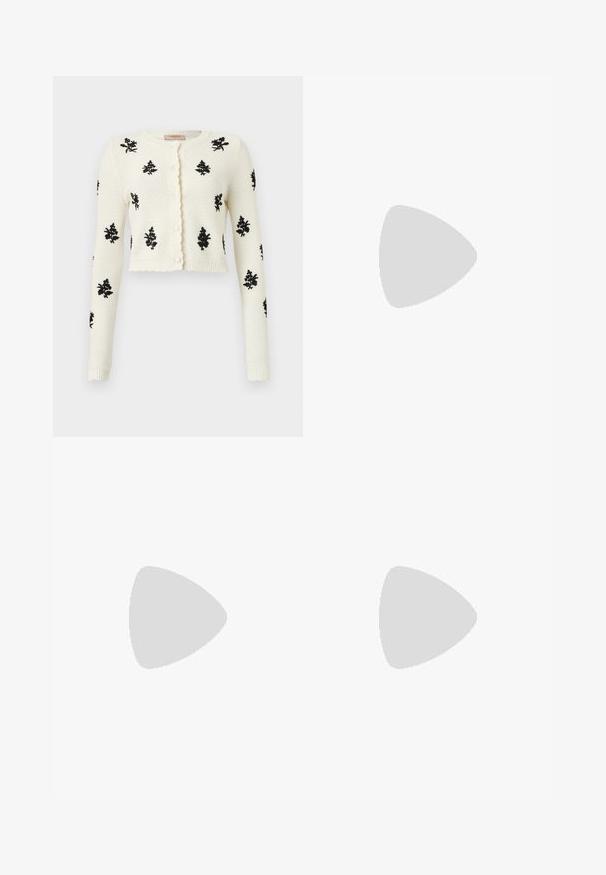 White knitted cardigan featuring black floral embroidery, long sleeves, a cropped fit, and a ruffled button placket.; White cropped T-shirt, short wide sleeves, soft cotton material, round neckline with subtle orange trim, minimal design, no patterns or graphics.; Light-colored tailored shorts made of cotton, featuring a flat front, pleats, and a straight cut. Smooth texture with a classic finish.; Pointed-toe slingback shoe in off-white leather, featuring a low heel and cut-out design with a smooth texture and minimal accents.
