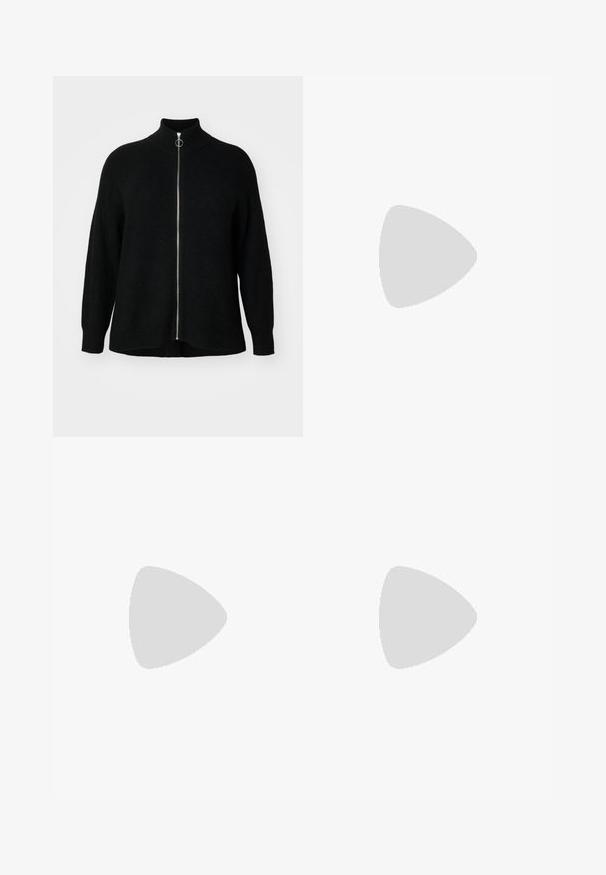 Vero Moda Curve VMCPALMA HIGHNECK ZIP CARDIGAN - Kardigan - black; Valge ribakujuline crop top pikkade varrukatega, sügava V-kaelusega ja ees joonistamise lipsuga. Pehme tekstuur koos peente mustritega.; Mustast kunstnahast püksid elastse vöökoha, sirge jala disaini ja kontrastsete külgtriipudega. Sile tekstuur ja minimalistlik stiil.; Mustad mustavi combat kingad ümmarguse varbaga, paeltega esiosa ja säärel tõmbeaas. Omab paksu kummist tallat, mis tagab vastupidavuse.; Hõbedased rõngassüstid läikiva viimistlusega, millel on ümmargune disain ja sujuvad hinged, mis näitavad sileda tekstuuri.