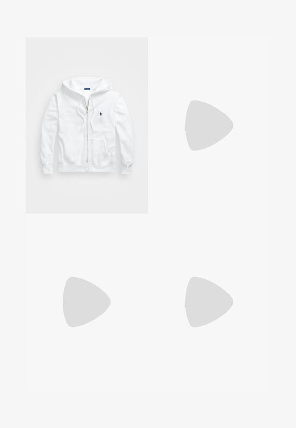 Moletom branco com fecho éclair, feito de um material de algodão suave. Apresenta um bolso canguru, punhos canelados e um pequeno logótipo azul-marinho no peito.; Camisa de manga longa branca, em material de algodão, com decote redondo, apresentando um pequeno logótipo azul-marinho no lado esquerdo do peito. Design simples, ajuste regular.; Calças brancas de perna larga com uma cintura alta, apresentando um fecho de botão e detalhes de costura discreta. Feitas de algodão com uma textura suave.; Tenis brancos de couro com um acabamento suave, detalhes em azul marinho e um pequeno logotipo na lateral. Possui atacadores planos e sola de borracha texturizada.