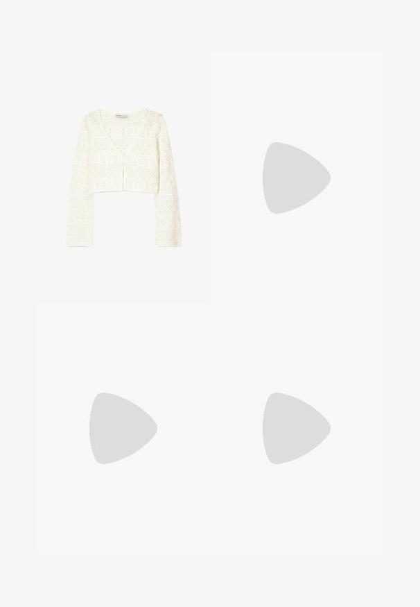 White cropped cardigan featuring a lightweight knit texture with a geometric pattern, v-neckline, and button closure at the front.; White sleeveless tank top with a square neckline, smooth texture, and a form-fitting design. Made from lightweight fabric.; Black pleated skirt with a white woven drawstring waist. Made of soft fabric, featuring a smooth texture and a simple, classic design.; Black open-toe platform sandals with a curved design, slingback strap, and chunky block heel. Smooth leather texture, minimalist style.; Red leather shoulder bag with a curved design, smooth texture, and a zipper closure. It features a thin handle for carrying.