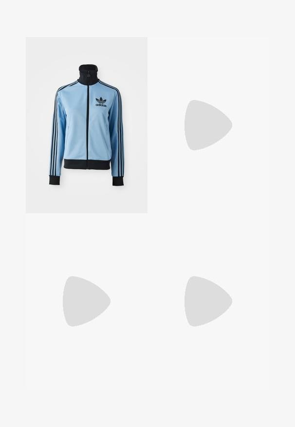 Šviesiai mėlyna Adidas sportinė striukė su juodu kaklu, rankogaliais, apatine dalimi, trimis juodomis juostelėmis ant rankovių ir Adidas logotipu kairėje krūtinės pusėje.; Balta medvilnė marškinėliai su trumpomis rankovėmis ir apvalia iškirpte. Ant krūtinės yra juodas Adidas logotipas, o vidinė apykaklė yra kontrastinga juoda.; Žalios plačios kelnės su elastinga juosta, su išsegamomis rožinėmis ir baltomis juostelėmis šonuose, pagamintos iš lengvos medžiagos.; Balti sportbačiai su šviesiai mėlynomis juostelėmis, guminėmis padangomis ir raištelių užsegimu. Yra auksinė prekės ženklo etiketė ir glotnaus odos panašumo tekstūra.