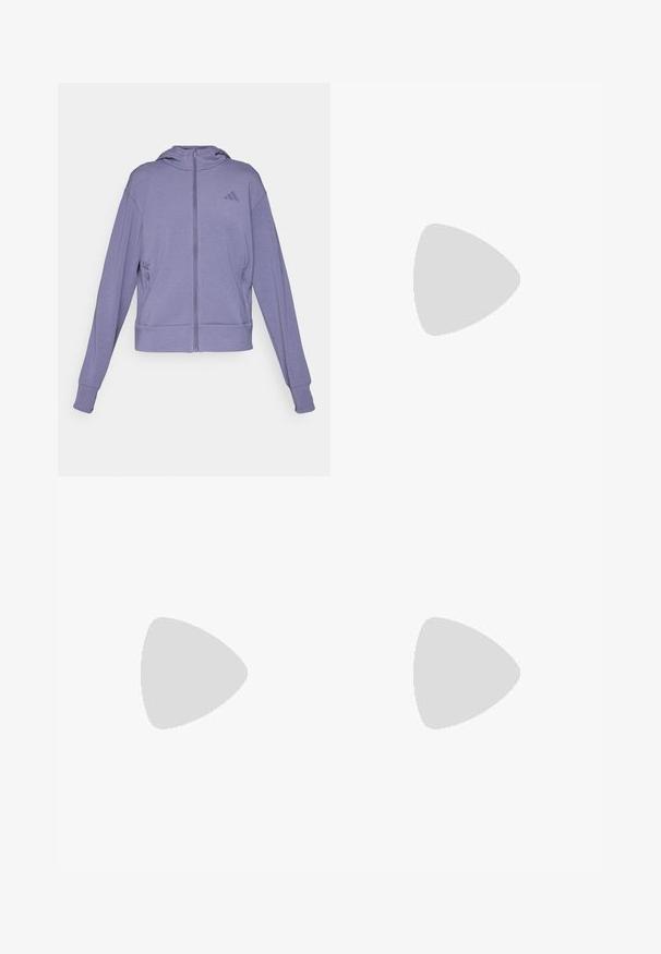 Sudadera con cremallera de color púrpura, hecha de una tela suave. Cuenta con capucha, dos bolsillos laterales y puños acanalados con un logo en relieve en el pecho.; Camiseta deportiva blanca de manga corta, hecha de una tela suave y elástica. Presenta un pequeño logo negro de Adidas en el pecho.; Pantalones cortos deportivos blancos con cintura elástica y cordón ajustable. Hechos de material ligero, cuentan con bolsillos laterales y un corte holgado.; Zapatillas de running blancas con acentos en azul claro, parte superior de malla transpirable, diseño de tres rayas, suela acolchada y suela exterior con tracción texturizada.