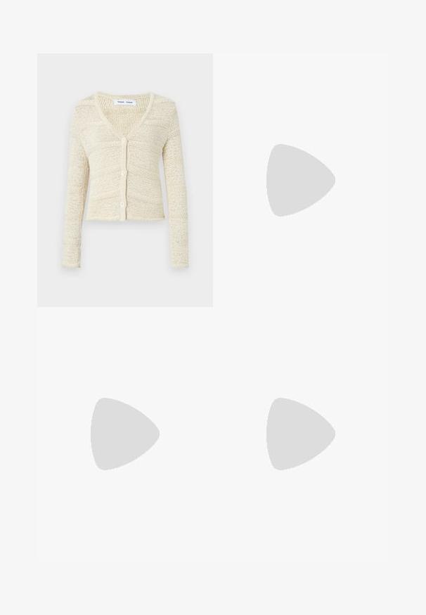 Knit cardigan in beige with a V-neck, long sleeves, and five-button closure. Features a textured pattern and cropped design.; White fitted top made of ribbed fabric with cap sleeves and gathered details at the sides for texture and shape.; White wide-leg trousers made from a lightweight fabric. Features an elastic waistband with a drawstring and side pockets. Smooth texture.; Light pink suede sneakers with white stripes and laces, featuring a textured tongue and a gum sole, placed on a blue carpet.