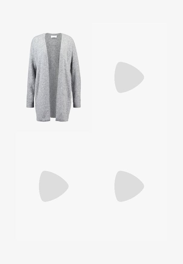 Light gray cardigan made from soft knit material. Open front design with long sleeves and ribbed cuffs. No fasteners or embellishments.; Black short-sleeve t-shirt made of soft fabric, featuring a crew neck and gathered detailing on the left side for subtle texture.; Black wide-leg jeans made of denim, featuring five pockets, copper rivets, and a classic button closure. Smooth texture with a clean design.; Brown suede clog featuring a buckle strap, closed toe design, and visible stitching on a textured sole.