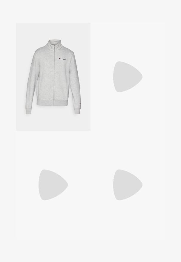 Champion ICONS FULL ZIP COLLAR - Felpa con zip - grey; T-shirt bianca a girocollo realizzata in cotone, con maniche corte e un piccolo logo ricamato sulla parte sinistra del petto. Texture morbida.; Pantaloni della tuta neri in misto cotone, con vita elastica e un piccolo logo bianco sul lato sinistro. Design con gamba affusolata.; Sneakers atletici bianchi con pelle sintetica liscia, accento del logo nero e dettagli perforati sul lato. Suola in gomma.