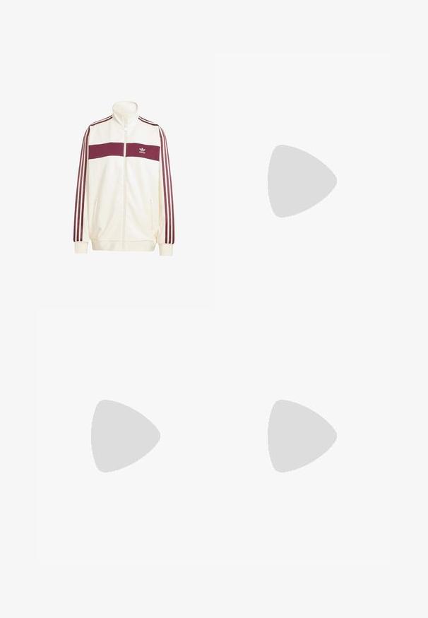 Bijela trenirka s visokim ovratnikom, maroon horizontalna pruga preko grudi, maroon akcenti u obliku tri pruge na rukavima, zip džepovi.; Bijela pamučna majica kratkih rukava s okruglim izrezom. Ima crni Adidas logo na prsima i kontrastnu crnu unutrašnju ovratniku.; Kremaste trenerke s opuštenim krojem, s tamno smešnim bočnim prugama i izvezenim logom na levom bedru.; Adidas Gazelle tenisice s kremasto antilop gornjom, plavim kožnim akcentima, tri plave pruge, bež međupotplat i smešani gumeni potplat.