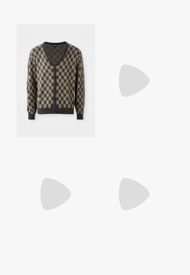 V-neck cardigan in checkered pattern featuring shades of olive and dark gray. Made of soft, textured material with buttons down the front.; White cotton t-shirt with short sleeves and round neckline. Features "Los Angeles California" graphic in black and red. Simple, relaxed fit.; Light blue denim jeans with a relaxed fit, straight leg design, visible stitching, two front pockets, and a button closure.; Light beige loafers with a pointed toe, smooth material, a strap across the vamp, and a low brown sole. Simple design with minimal accents.