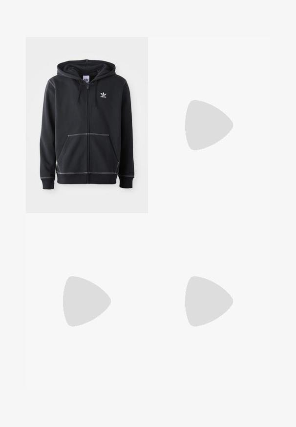 Czarny rozpinany hoodie wykonany z miękkiego materiału, z przednią kieszenią typu kangurka, białymi zdobieniami i małym białym logo na klatce piersiowej.; Czarny t-shirt sportowy z białymi paskami po bokach i logo Adidas. Posiada okrągły dekolt oraz krótki rękaw, wykonany z gładkiego, lekkiego materiału.; Czarne sportowe spodnie o luźnym kroju, wykonane z lekkiego materiału. Posiadają elastyczny pas i zamykane na zamek boczne otwory.; Czarno-białe buty sportowe z zamszowej i syntetycznej cholewki, z trzema wyraźnymi białymi paskami, gumową podeszwą i złotym napisem "Predator".