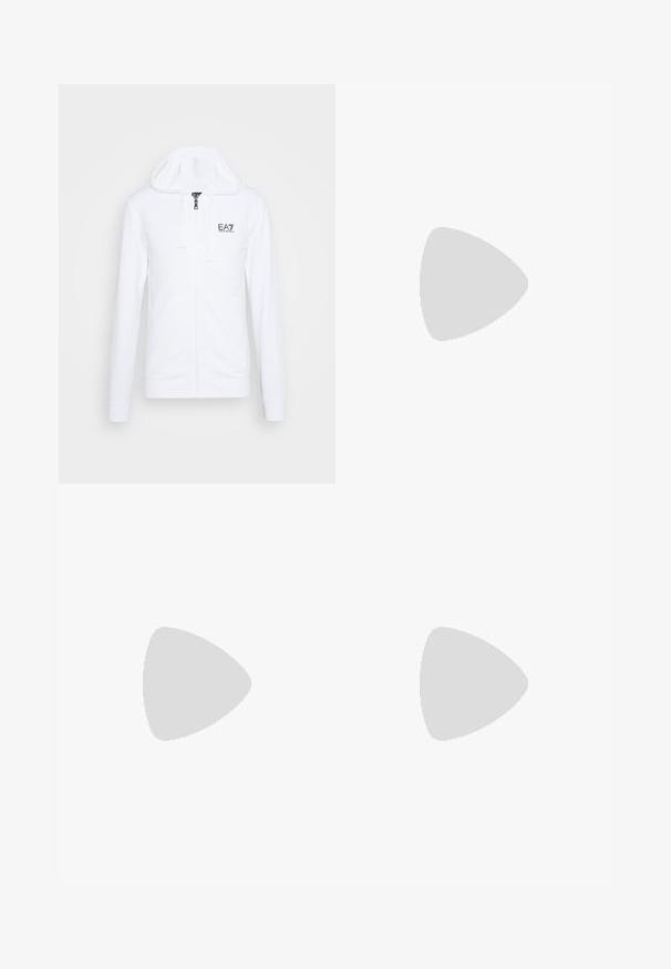 White zip-up hoodie with adjustable drawstring hood, long sleeves, ribbed cuffs, and features a black EA7 logo on the chest.; White cotton t-shirt featuring a round neckline and short sleeves, with a gold EA7 Emporio Armani logo printed on the front.; Black athletic shorts made of soft fabric,Featuring an elastic waistband and a small yellow EA7 logo on the lower left leg.; White leather sneaker with a smooth finish, round toe, flat laces, and a textured sole. Features a subtle logo on the heel.