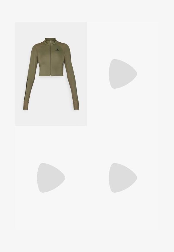 Chaqueta deportiva corta de color verde oliva con un cuello alto, cremallera completa, detalles acanalados en los hombros y franjas negras en las mangas.; Top deportivo negro sin mangas hecho de una tela suave. Presenta un escote redondo y un pequeño logo blanco de Adidas en el pecho.; Pantalones cortos deportivos negros de tela elástica, con una cintura alta, forma ajustada y logo blanco de Adidas en el lado izquierdo.; Zapatilla deportiva blanca con rayas diagonales negras, parte superior de malla, punta redondeada y suela texturizada. Los acentos incluyen un talón plateado y un diseño minimalista.