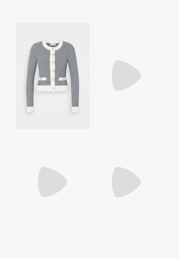 Cardigan a righe blu navy e bianche con scollo rotondo, polsini a costine e bottoni dorati. Presenta due tasche frontali e lunghezza cropped.; Top in cotone bianco a spalla larga con spalline sottili. Tessuto liscio senza motivi visibili o decorazioni.; Pantaloni a gamba larga di colore blu navy, realizzati in tessuto leggero. Presentano una superficie leggermente texture, una vita elastica e cuciture frontali.; Sneaker bianca in pelle con finitura liscia, dettagli in suede beige, punta rotonda, design con stringhe piatte e suola in gomma testurizzata.