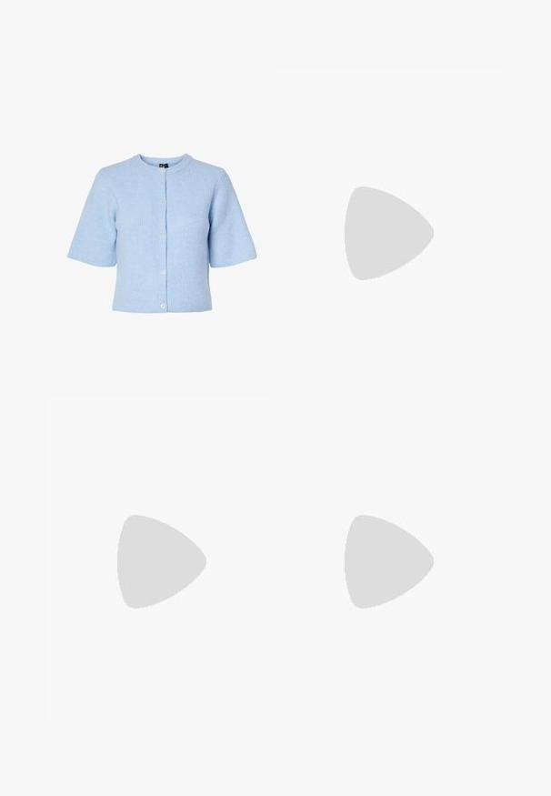 Pieces PCSILLY O-NECK - Cardigan - blue; Stradivarius REGULAR FIT - Basic T-shirt - white; Stradivarius WIDE - Wide Leg - light yellow; adidas Originals HANDBALL SPEZIAL - Trainers - alumina clear sky gum
