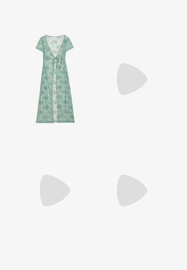 Long, green floral lace cover-up with short sleeves, a deep V-neck, and a tie closure at the waist. Lightweight and semi-sheer texture.; White fitted top made of ribbed fabric with cap sleeves and gathered details at the sides for texture and shape.; Stradivarius Trousers - black; Black patent heeled sandals with a square toe, ankle straps, and silver buckles. Features a chunky block heel for stability.