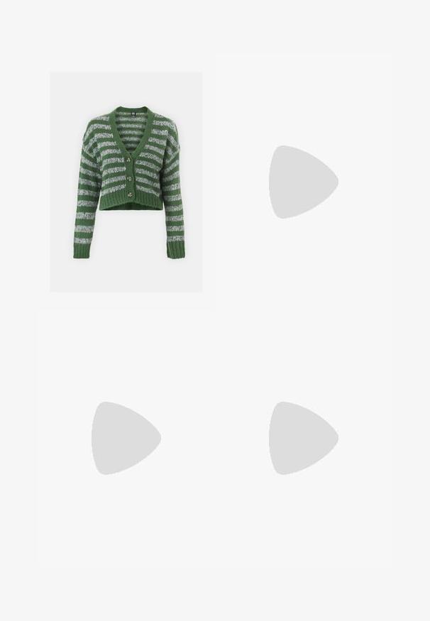 BDG Urban Outfitters LAGUNA  - Casaco de malha - green/grey; Três camisetas de manga longa empilhadas: preta, cinza e branca. Cada uma tem um decote redondo e um design cropped, feitas de um tecido leve e suave.; Calças pretas amplas feitas de tecido elástico, com uma cintura alta e punhos largos com fendas laterais para maior liberdade de movimento.; Tênis de camurça cinza com atacadores brancos, riscas pretas e uma sola de borracha branca. Apresenta um logótipo circular na língua e uma sola de borracha.