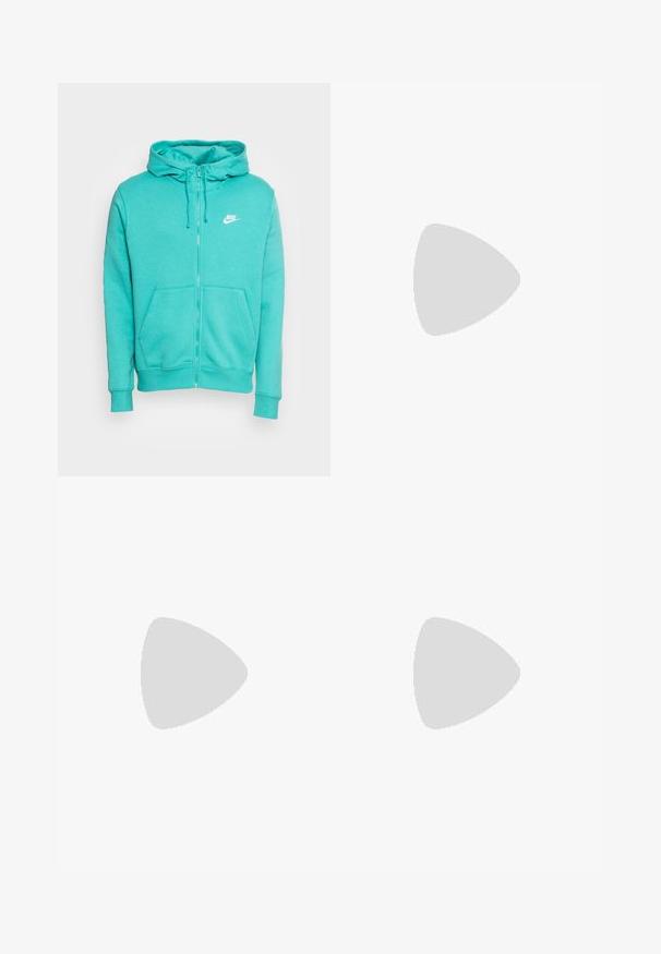 Nike Sportswear M CLUB HOODIE FZ BB - Camisola com fecho - washed teal/white; T-shirt branca de algodão com mangas curtas, decote redondo e um logotipo preto da Nike na área esquerda do peito. Textura suave e ajuste clássico.; Calças jogger slim-fit brancas com cintura elástica e cordão, apresentando detalhes nas costuras laterais e um pequeno patch preto na perna direita.; Sapatilha atlética branca com parte superior lisa, fecho de atar, sola almofadada e uma unidade de ar visível com detalhes em vermelho na marca.